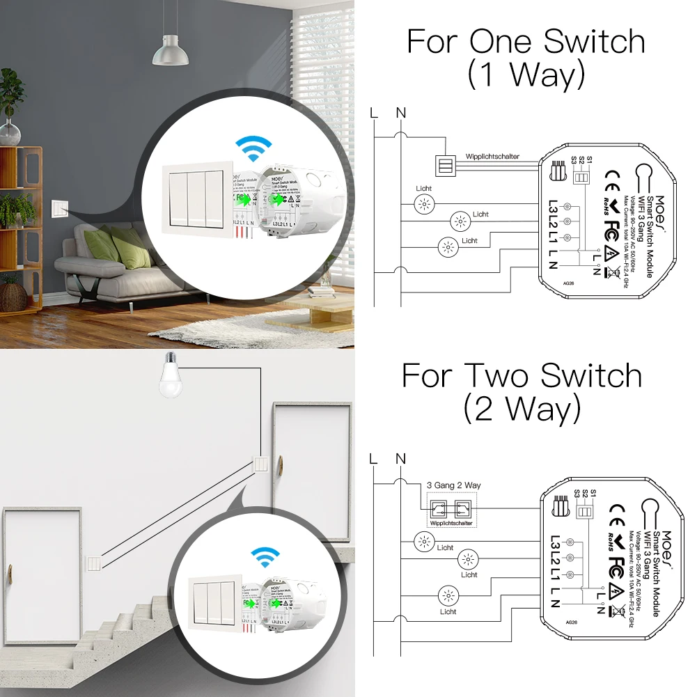 Умный выключатель света Moes Mini Wi-Fi 3 набора 1/2 позиционный модуль Smart Life/Tuya