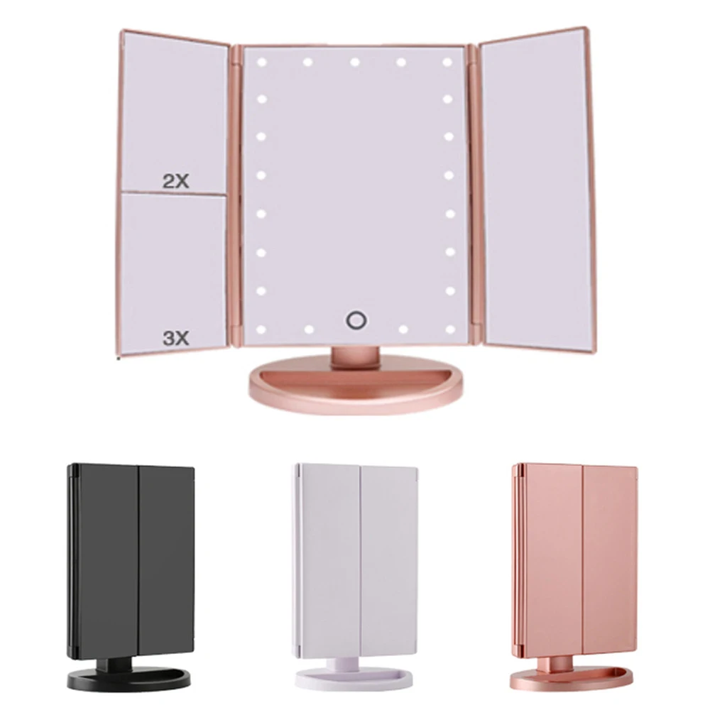 

New 2/3X Magnifying Cosmetic 3 Folding Vanity Mirrors 22 LED Light Makeup Mirror 180 Rotation Touch Dimmer Table Mirrors Espejo