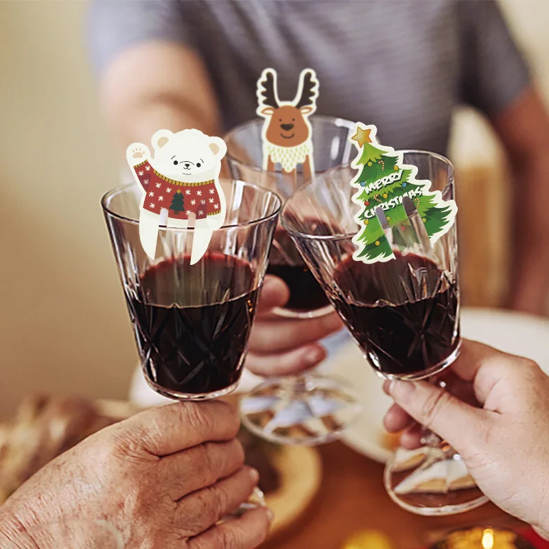 

12pcs Christmas Wine Glass Decorations Cup Cards Santa Snowman Elk Xmas Tree Goblet Markers Table Decor New Year Party Supplies