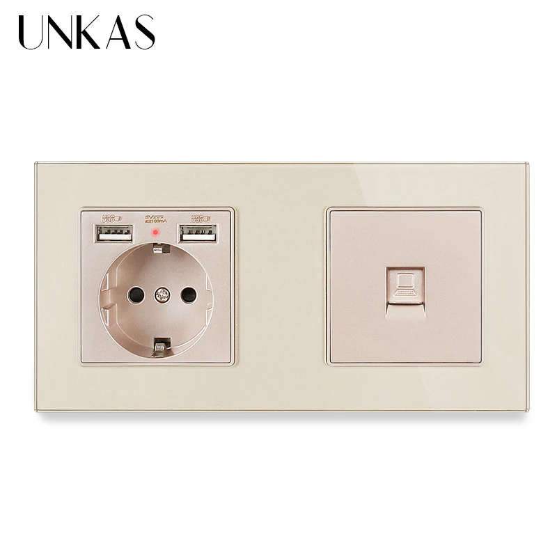 UNKAS электрическая розетка со стеклянной панелью европейского стандарта с 2 USB + 1