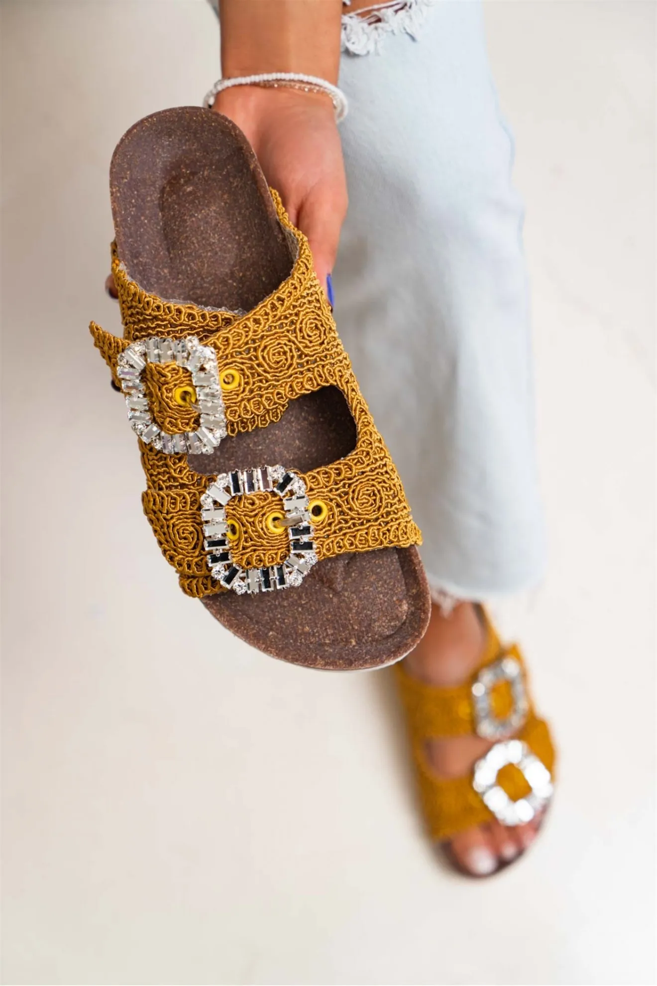 

Knit Detail Double Buckle Women's Slippers Woman Handmade Sequined Cloth Open Toe Double Buckle Flat Bottom Non-slip Comfortable