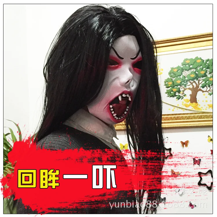 Хэллоуин ужасная гримаса длинные волосы дьявол красные глаза страшная маска