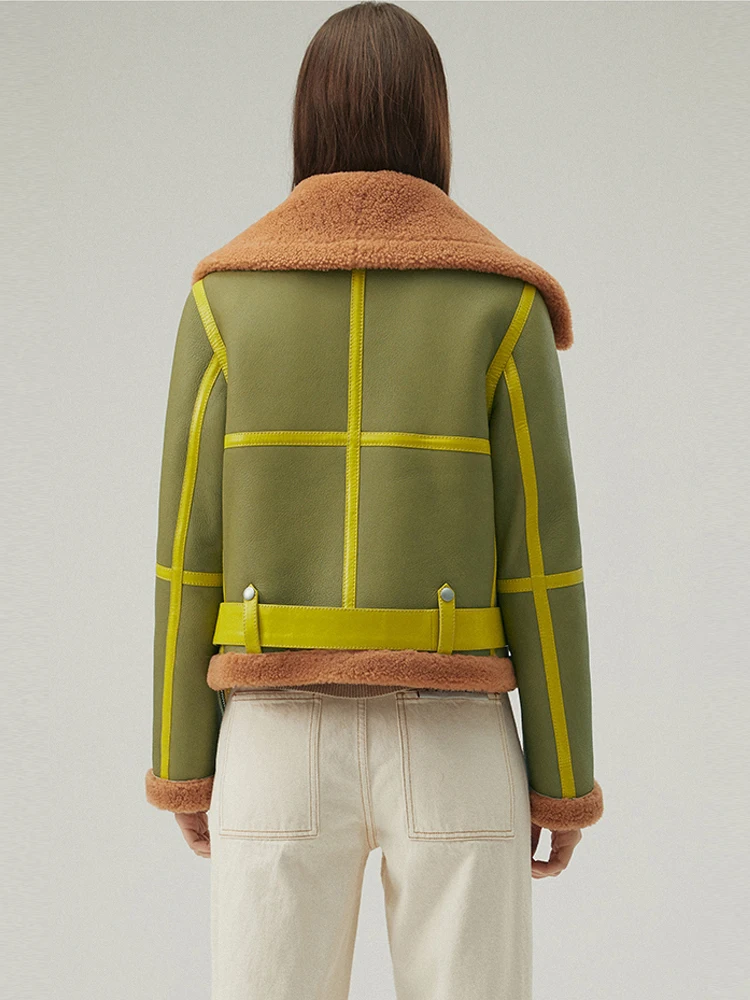 2020 New Womens Shearling Coat Short Leather Jacket Winter Fur Coat Fashion Motorcycle Jacket Green Bomber Jacket Womens