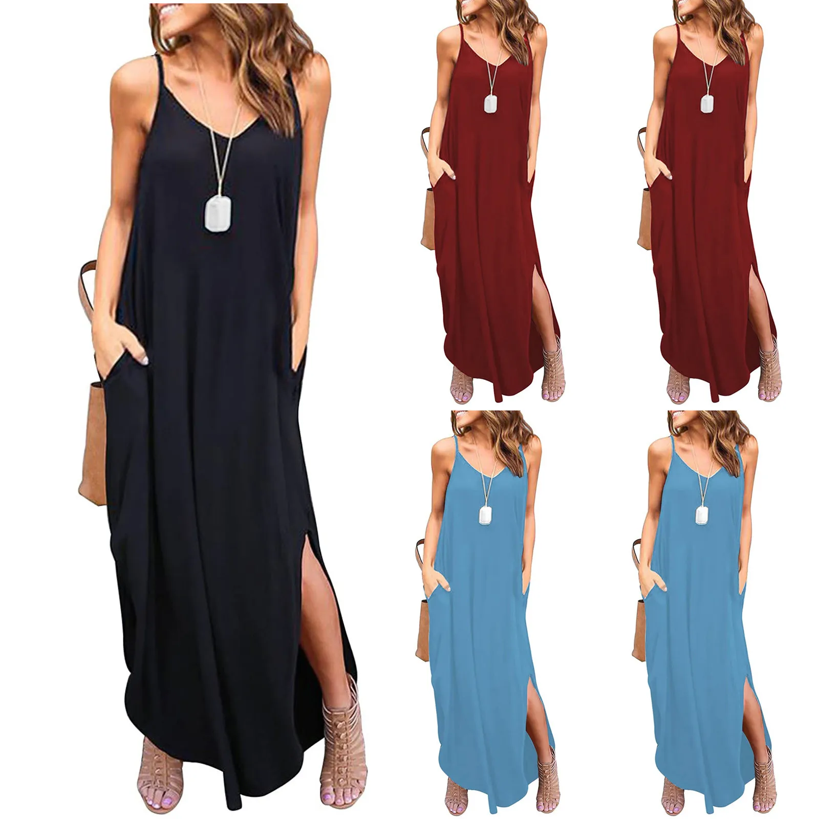 

Sexy Fashion Casual Summer Party Dresses For Women 2021 Women’s Solid Sleeveless O-neck Pockets Loose Baggy Kaftan Long Dress