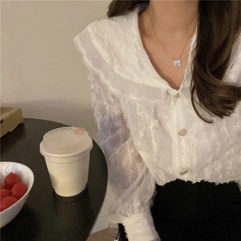 

Harajuku White Casual Hot Femme Chic Prom Basic Lapel Hot Sweet New Patchwork Lace Summer Elegance Gentle Soft Shirts
