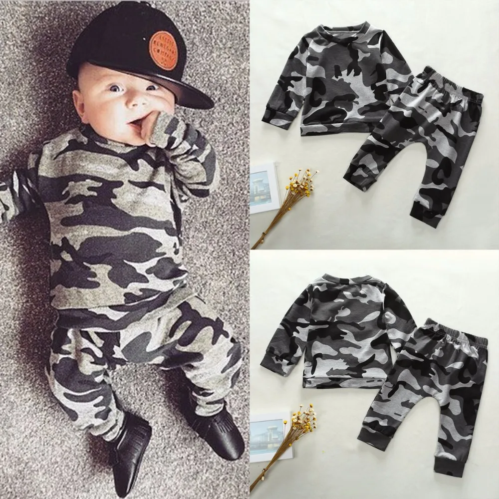 2Pcs Newborn Clothes Baby Boy Clothing Set Fashion Cool Camouflage Long-sleeved T-shirt+Pants Autumn Infant Toddler Outfits |