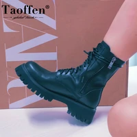 taoffen new womens ankle boots real leather lace up women winter shoes fashion cool short boots women footwear size 34 42