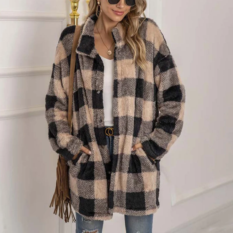 

Vintage Plaid Jacket Women Autumn Long Faux Fur Coat Women Long Sleeve Fleece Jacket Ladies Warm Plush Coat Outwear