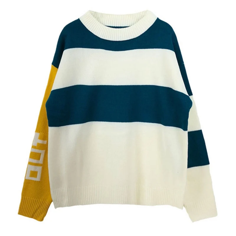 

New Women Autumn Sweaters Letter Long Sleeve Knitted Tops Casual O-Neck Loose Striped Pullovers 2019 Fashion Tops L