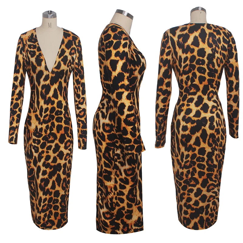 Женское платье-футляр с леопардовым принтом облегающее платье миди v-образным