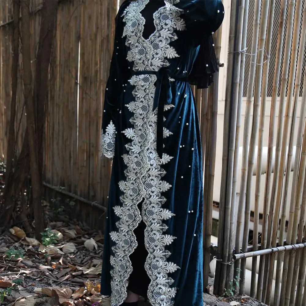 2021 Fashion Velvet Abaya For Women Loose Lace Stitching Beaded Gold Cardigan Dubai Islamic Robe Elegant Kimono | Тематическая