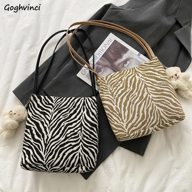 

Top-Handle Bags Women Zebra-pattern Print Canvas Vintage Ladies Shoulder-bag Large Capacity Shopping Elegant Tote Bag Handbags
