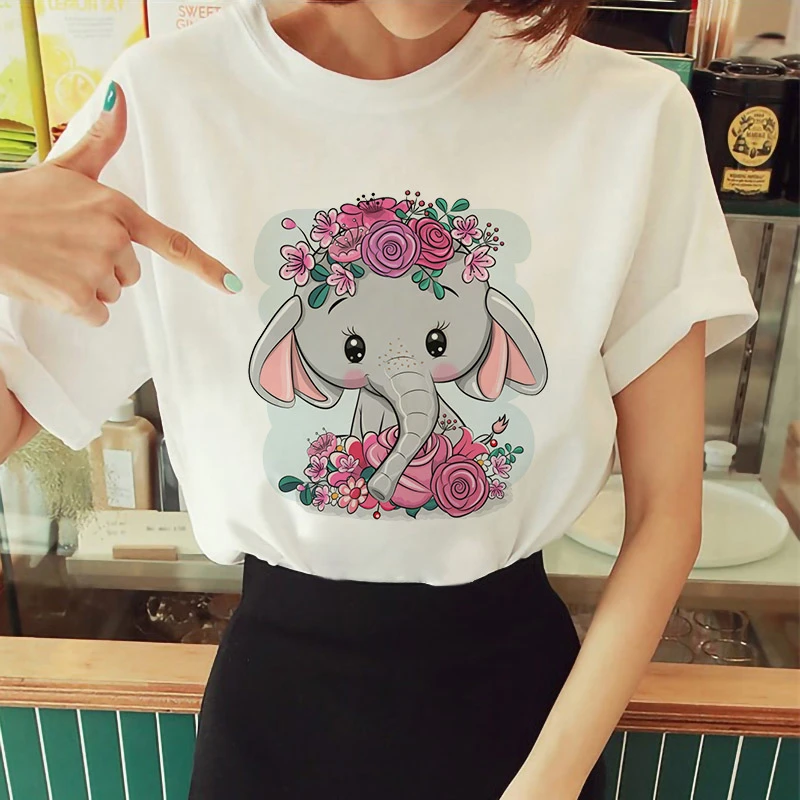 

Tshirt Women Cartoon Casual Short Sleeve Flower Elephant Ladies T-shirts Summer Fashion O-neck Graphic Female Tee Tops