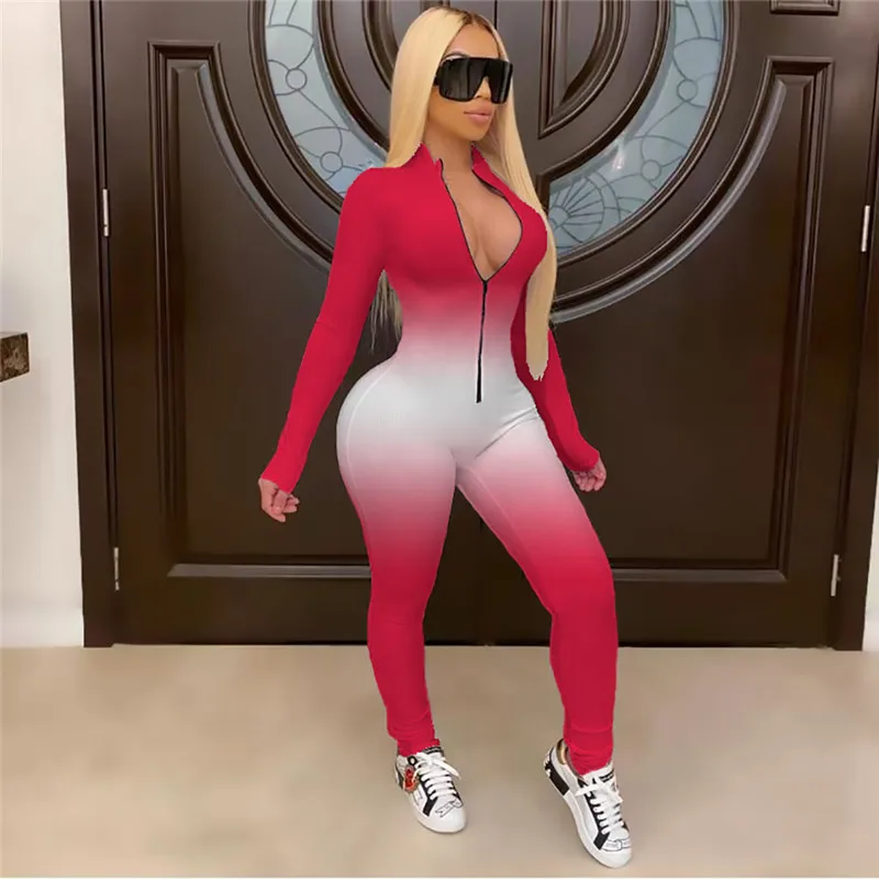 

Spring Women Skinny Jumpsuit Gradient Print Long Sleeve Bodycon Jumpsuit Bandage Streetwear Autumn Winter Rompers Outfits New