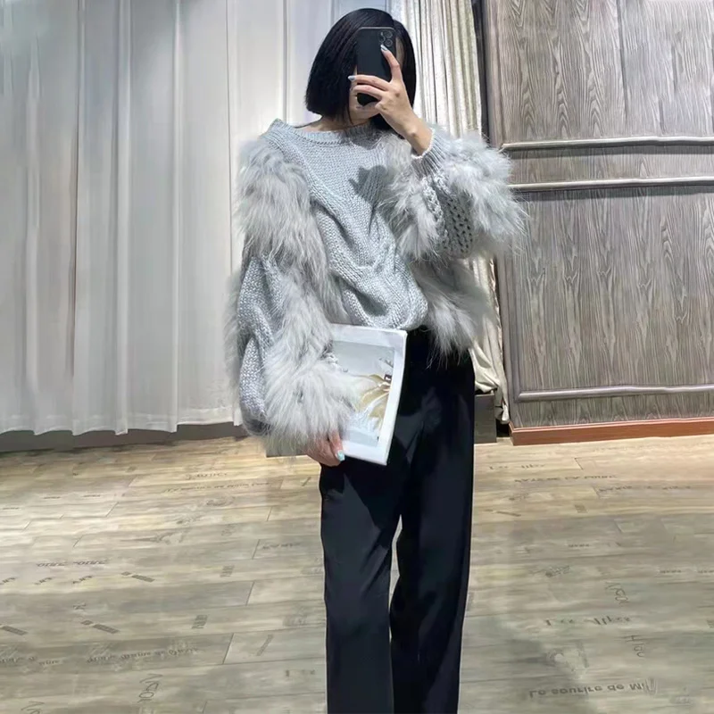 

Женский вязаный свитер с длинным рукавом, Свободный пуловер с натуральным мехом, зима 2021