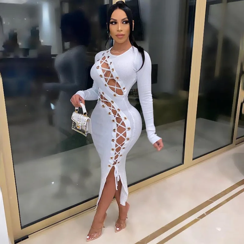 

Женские сексуальные Клубные наряды на шнуровке с длинным рукавом Ребристое облегающее ажурное длинное платье