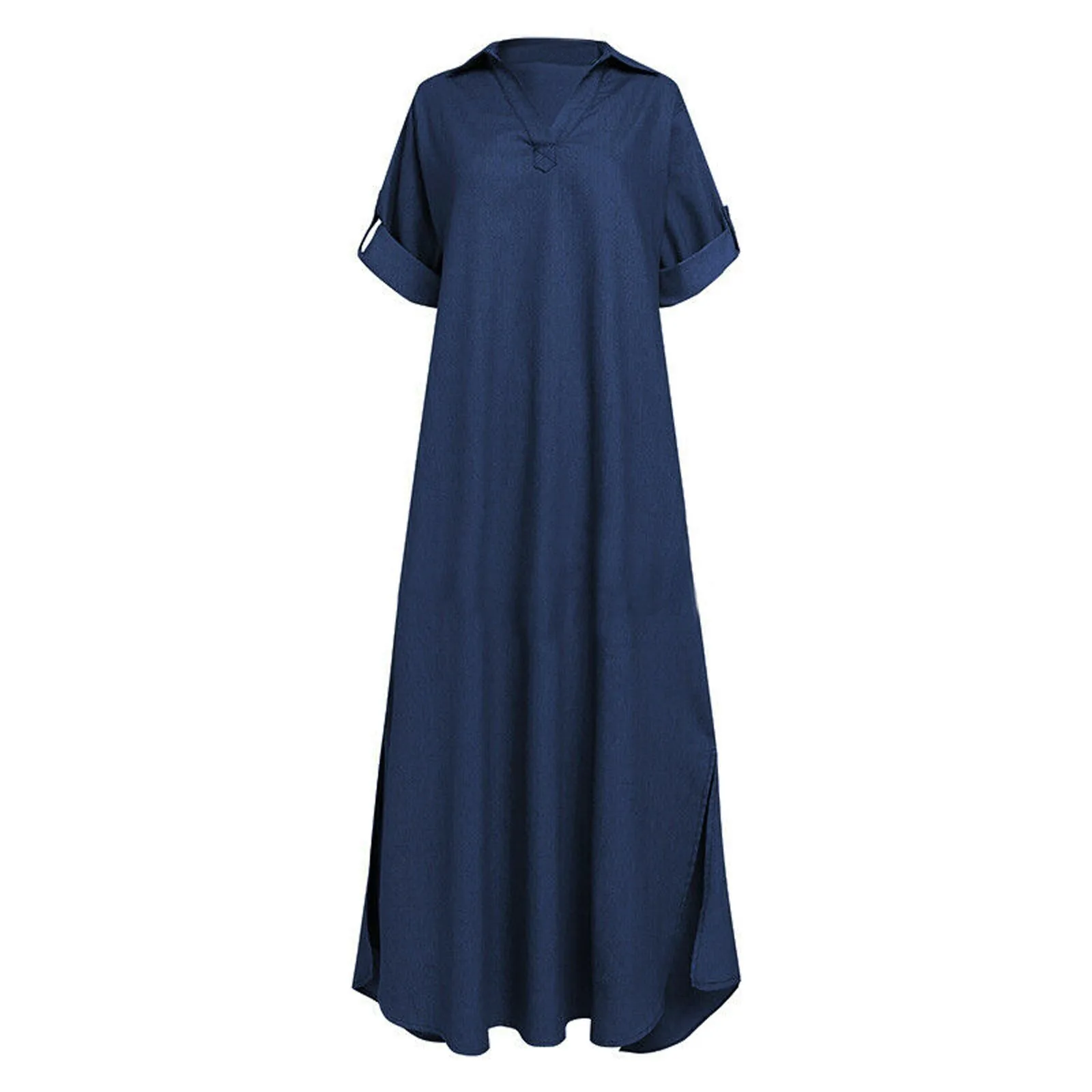 

Summer Women Long Dress 2021 Robe Femme Boho Casual Solid Denim Dress Button Loose Short Sleeve V Neck Dress Robe Femme #G2