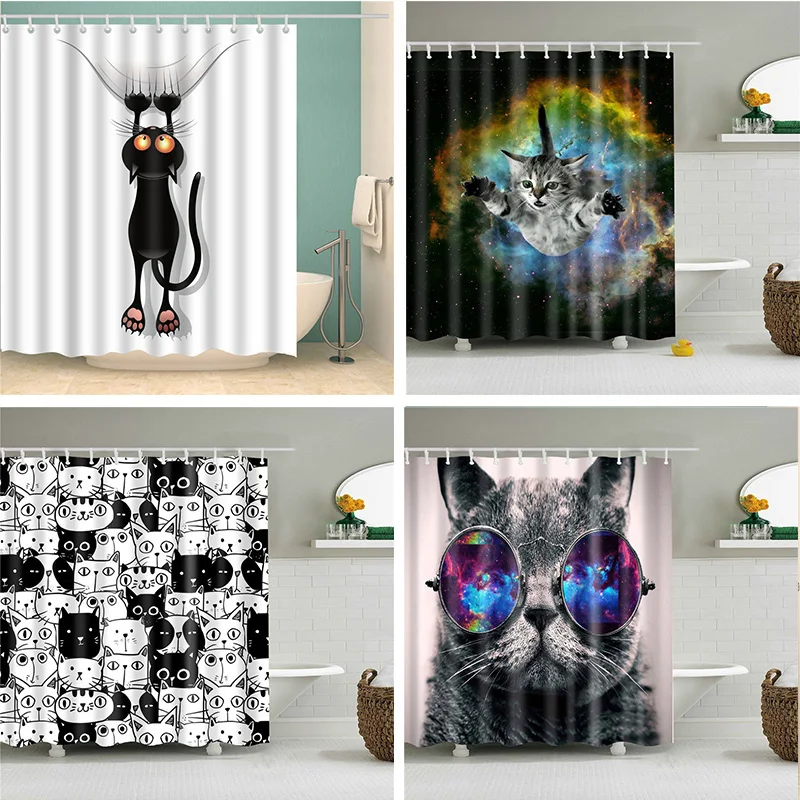 

Bath Curtain Bathroom Mildew Proof Waterproof Funny Cat Style 6 Hook Natural Landscape Home Decoration Creative Curtains