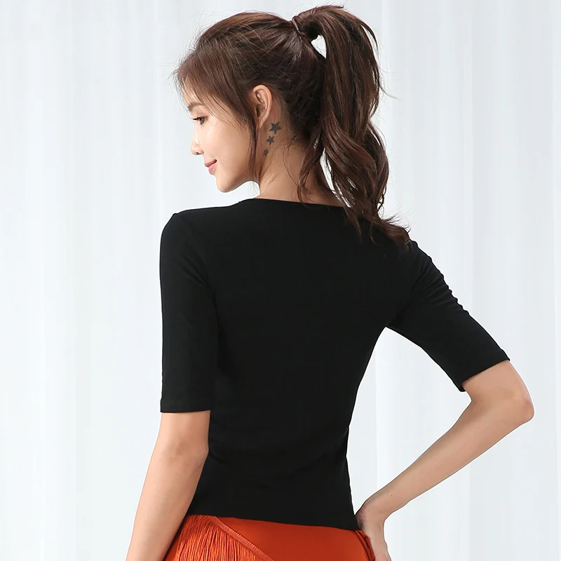 

Latin Dance Tops Adult Female Ballroom Samba Dance Practice Clothes Lady Dance Clothes Modal Short-Sleeve Black Shirt DWY2133