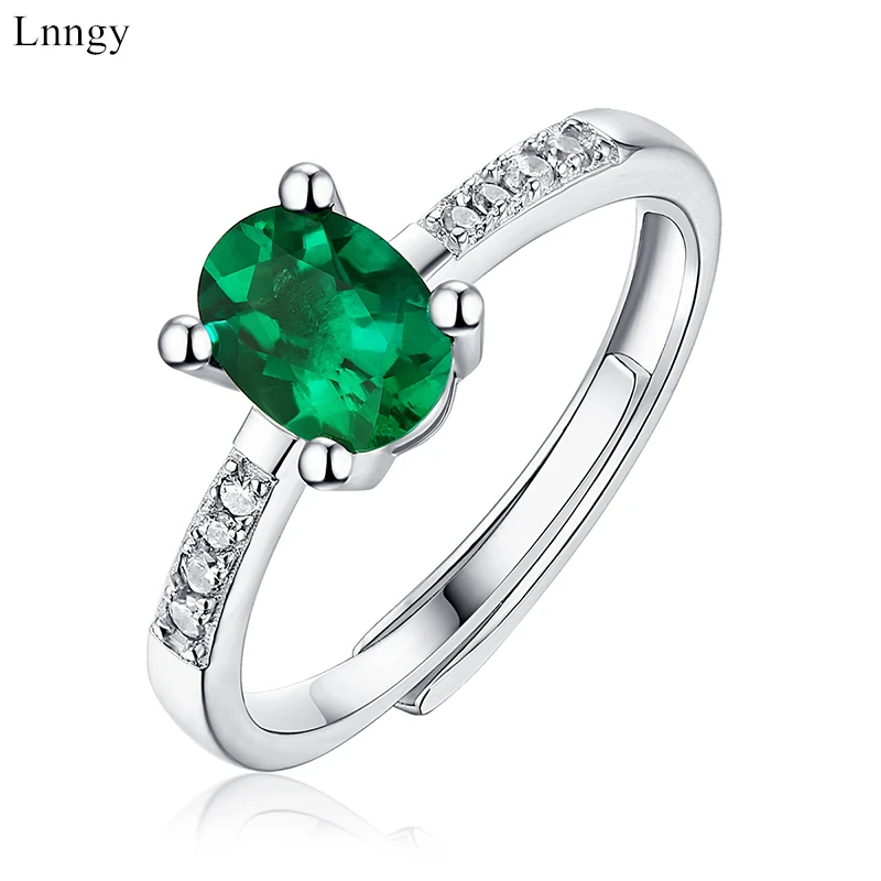 

Lnngy Classic Green Emerald Gemstone Ring for Women 925 Sterling Silver Oval Adjustable Ring Size US4-US8 Genuine Femme gifts