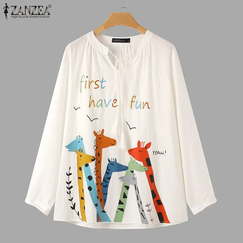 

2022 Spring Women V-neck Print Blouse ZANZEA Long Sleeve Shirts Casual Female Lace Up Tops Cotton Linen Blusa Femininas