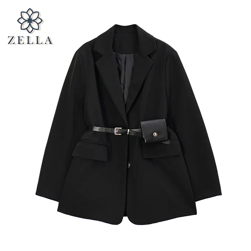 

Женский блейзер, новый модный черный костюм с длинным рукавом, пальто, осень 2021, шикарная Корейская английская куртка, Женская поясная сумка...