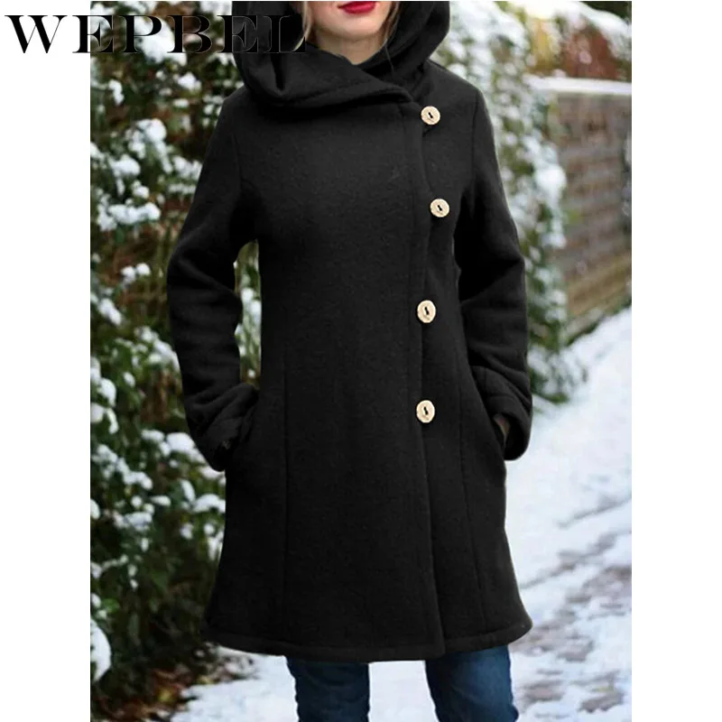 

WEPBEL Winter Women Hooded Long Coat with Pocket Single Breasted Cashmere Woolen Jackets Ladies Casual Slim Wool Blend Outerwear