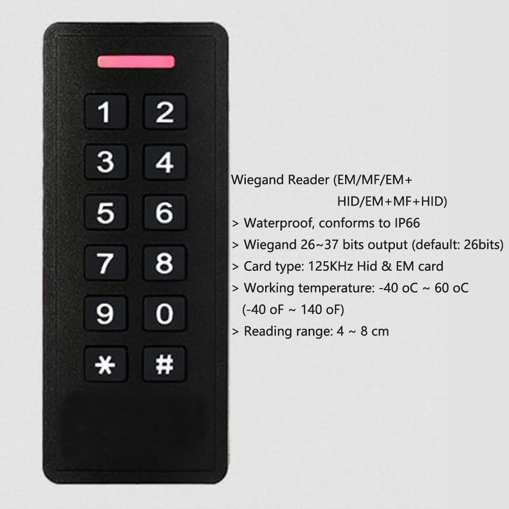 Backlight Waterproof IP66 Wiegand 26~37 bits Output ID IC RFID Keypad Access Control EM MF Proximity Card Reader Door Opener