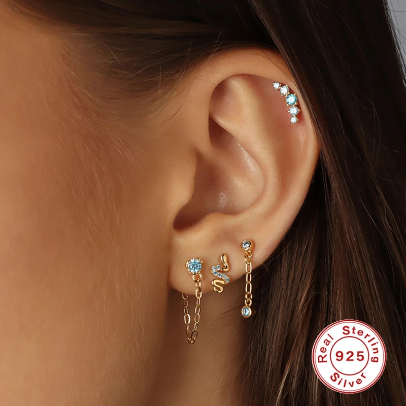 

Sterling Silver Stud Earrings For Women Zircon Piercing Snake Chian Dangle Earring Pendientes Jewelry Bijoux Gifts