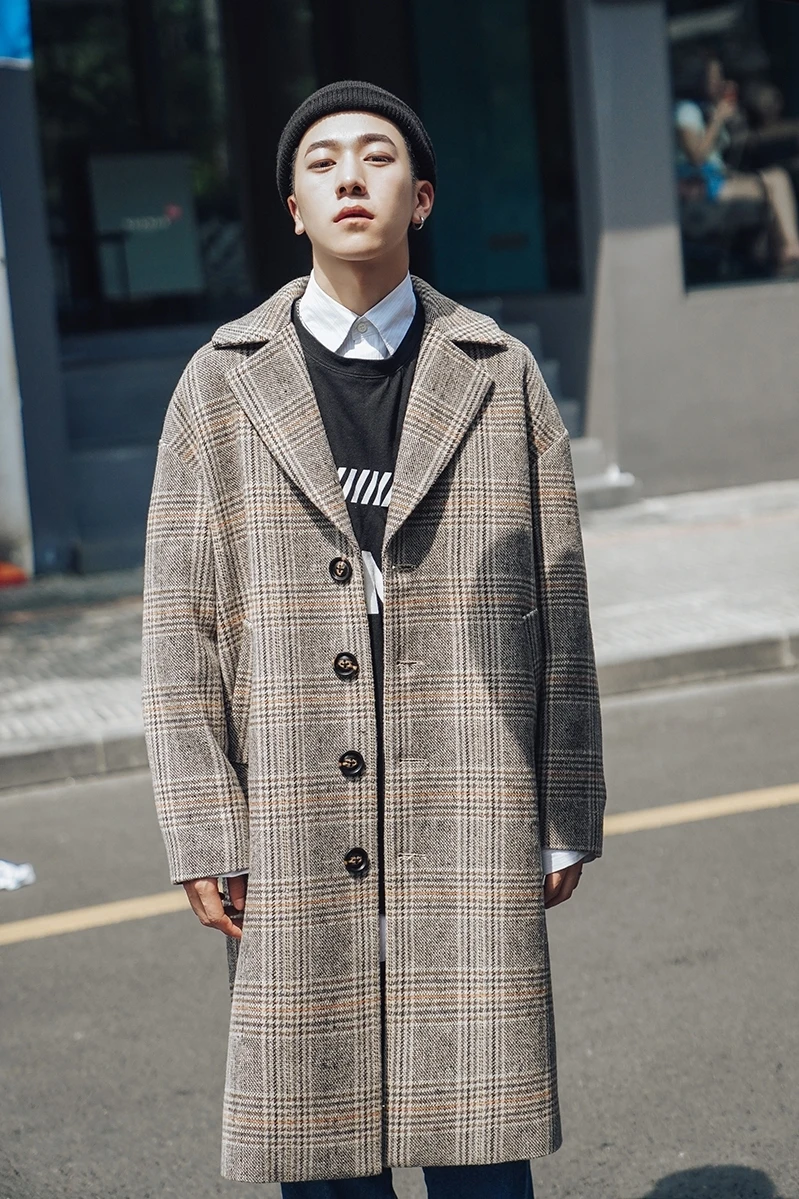 

Men's coat a new line of slim mid-length plaid printed coats for autumn and winter 2019 is loose and casual for young men's wear