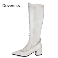 dovereiss fashion womens shoes summer new elegant pointed toe white zipper cool boots chunky heels knee high boots concise33 40