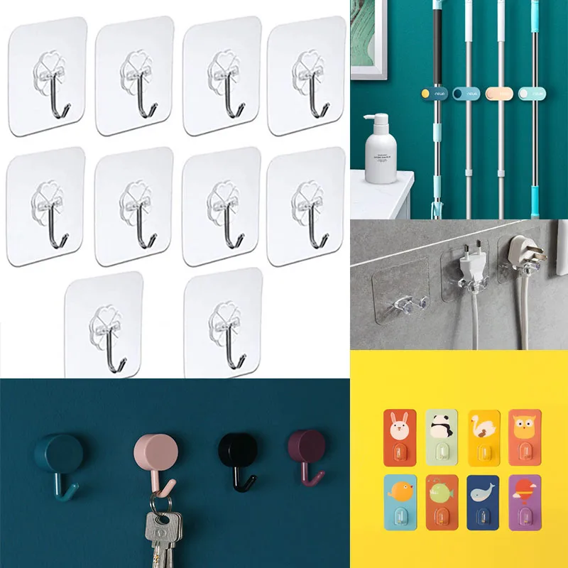 

10 Pcs Door Hook Adhesive Wall Hooks Transparent Anti-skid Traceless Heavy Duty Stick on Hook Bathroom Kitchen Wall Stickers