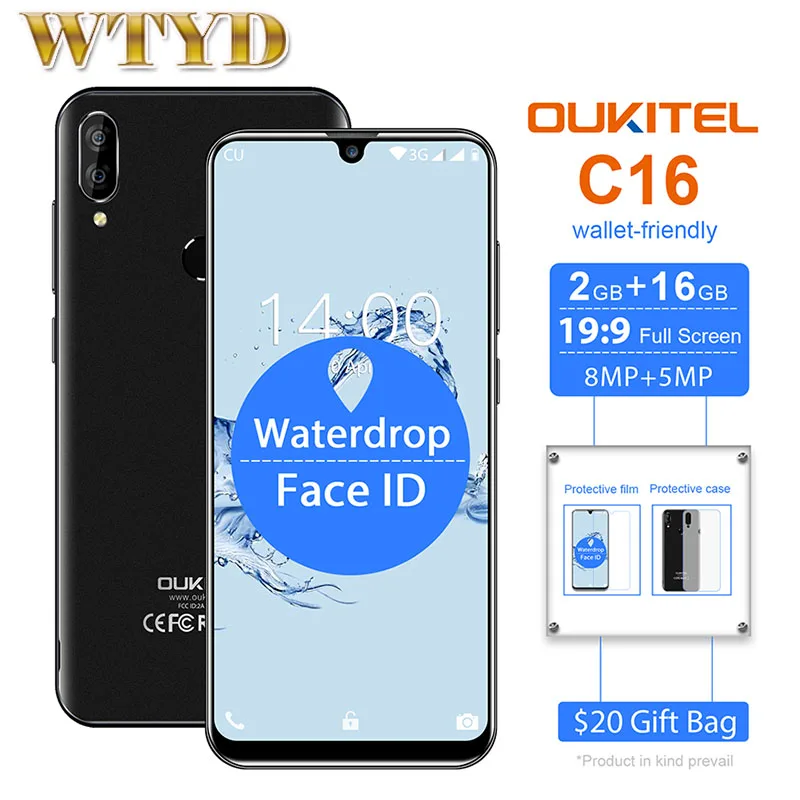 Смартфон OUKITEL C16 2 ГБ 16 Android 9 0 4G мобильный телефон 5 71 дюйма экран капли воды 2600 мАч
