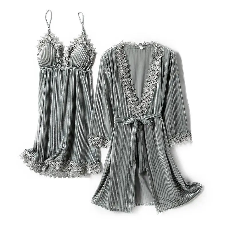 

Bathrobe Wedding Suit Bride Bridesmaid Robe Set Velour Winter New Arrival Sleepwear Lace Trim Kimono Bath Gown 2PCS Nightgown