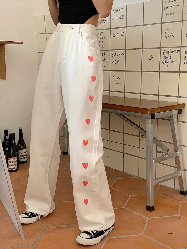 

White Jeans Female with Hearts Straight Drooping Plus Size