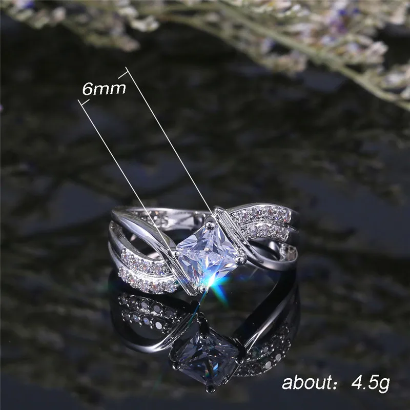 

Dainty Female Square Zircon Stone Ring Classic Silver Color Cross Wedding Ring Charm Hollow Crystal Engagement Rings For Women