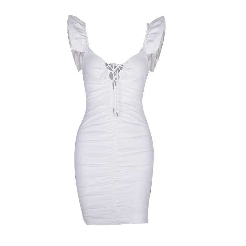 

2021 Spring New Lace-up Pure Color Pleated Short Skirt Dress Women