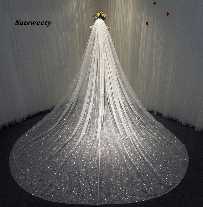 Sparkly Bling Bling Bridal Wedding Veils Bridal Veils Long Cathedral Length Sequined Beads Bride Veil With Free Comb