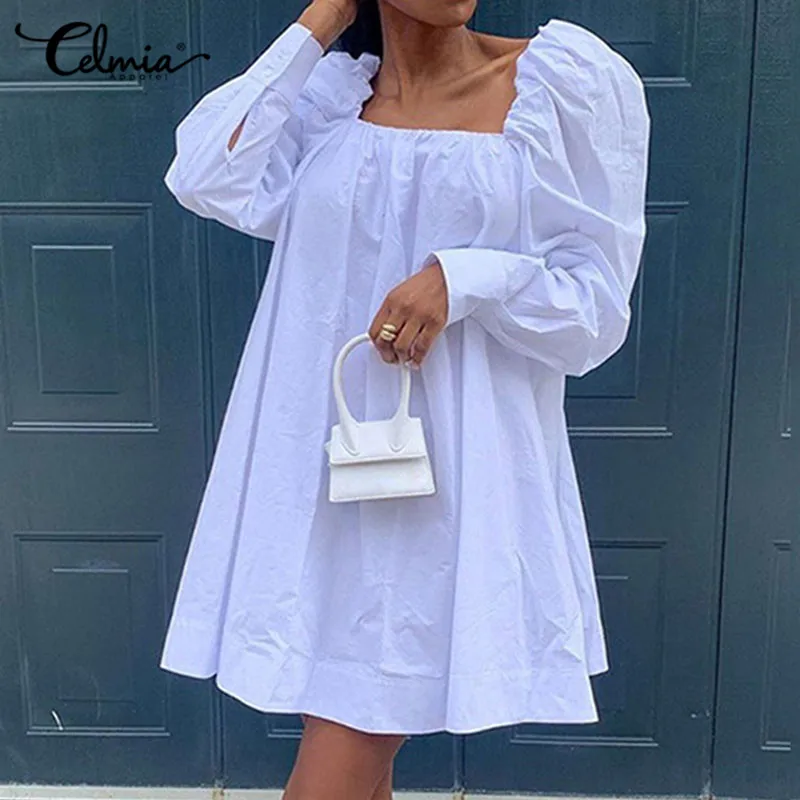 

Элегантное женское модное платье Celmia с пышными рукавами и квадратным вырезом, повседневный однотонный сексуальный мини сарафан, весна 2022, ж...