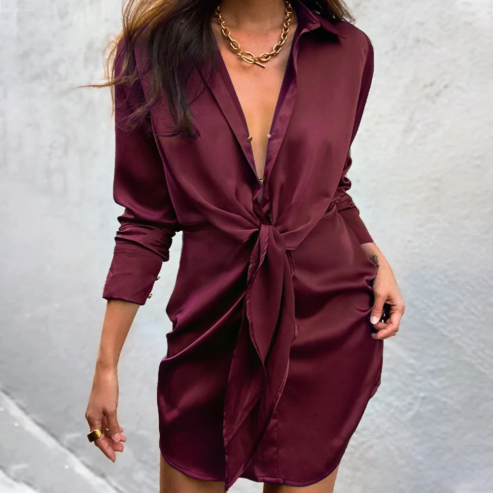

Office Lady Red Long Sleeve Long Shirt Elegant Button V Neck Long Sleeve Mini Shirt Dress Spring Autumn Waist Collection Blouses