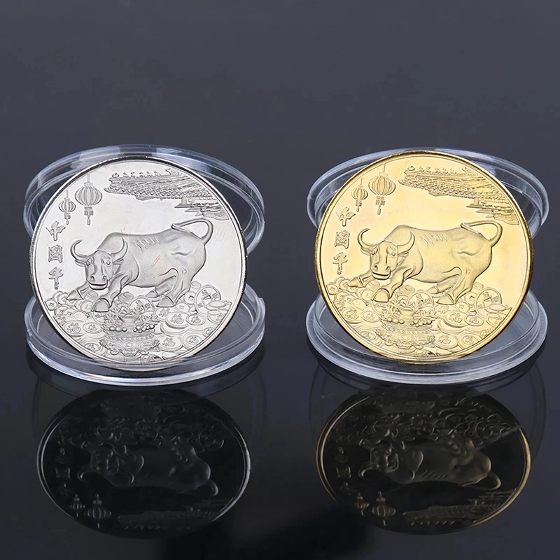 

1PCs 2021 Year Ox Commemorative Coin Chinese Zodiac Souvenir Coin Art Craft Gift Gold Silver Decoration Non-currency Coins