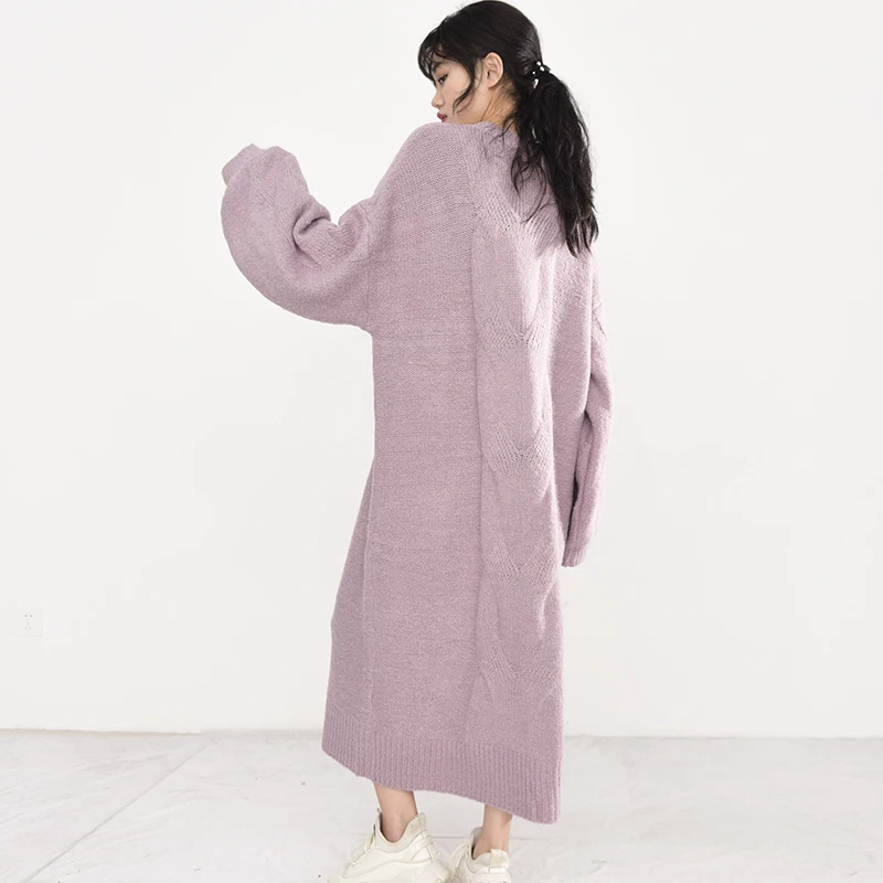 

[EAM] Women Purple Oversized Knitting Long Dress New Round Neck Long Sleeve Loose Fit Fashion Tide Autumn Winter 2021 1Y20514
