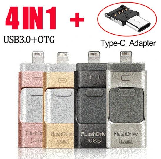 Usb Flash Drive For iPhone & iPad & Android Phone External Storage 128GB Lightning &android & USB 4 IN 1 Pendrive Gift Usb Stick