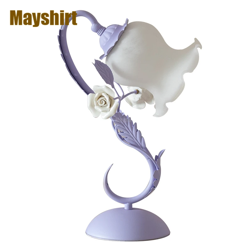 

Korean Ceramic Rose Flower Table Lamps Modern Purple Nightstand Lamp Bedside Bedroom Stand Light Fixtures Girls Room Home Decor