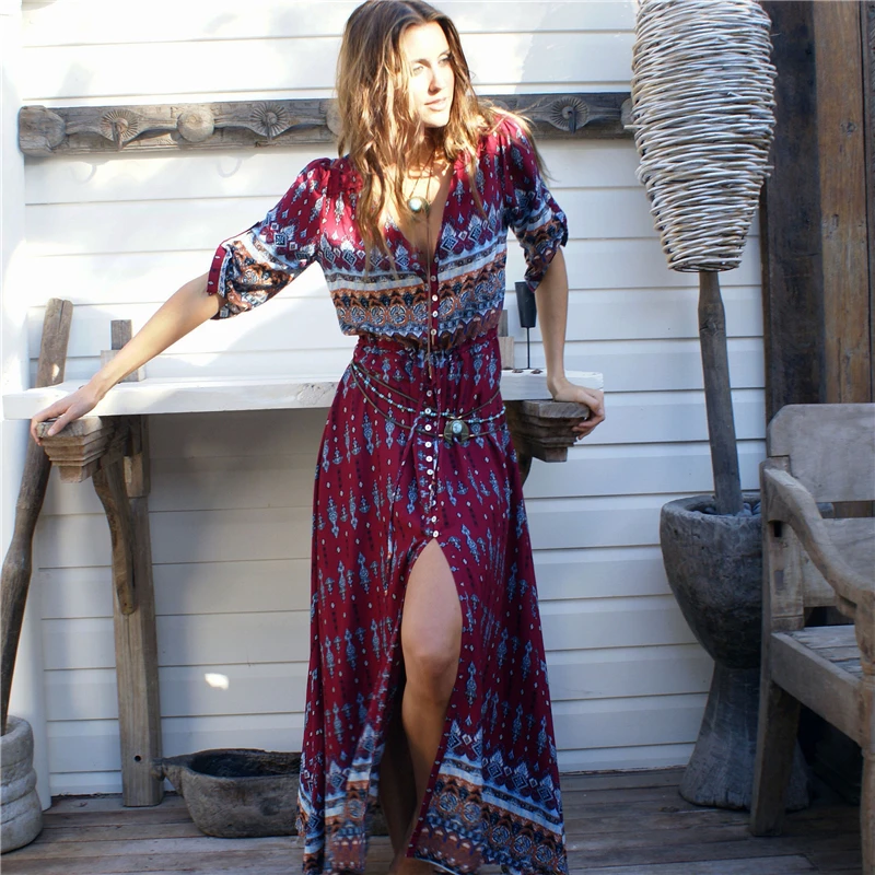 

2020 New Women Long Maxi Dresses Bohemian Dress Vintage Floral Print Maxi Dress
