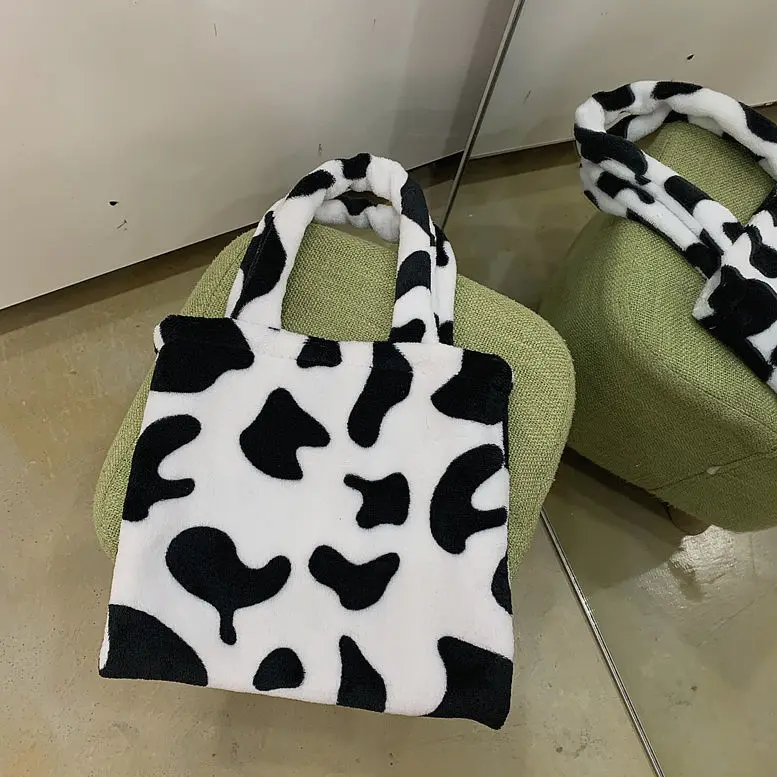 

Fashion Design Women's Purse Handbags Student Girls Cow Pattern Cute Small Shoulder Bags Soft Plush Ladies Mini Casual Tote Bag