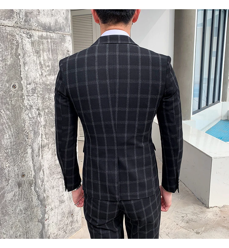 Элегантный Черный, серый цвет Клетчатый костюм «Человек Осень Slim Fit Мужские свадебные костюмы костюм 3 предмета Homme костюмы для торжественных случаев для Для мужчин Q176