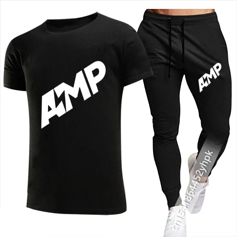 

Trampoline basketball sportswear AMP Funny T shirt + trousers 2 piece set 2021new men's tracksuit summer streetwear hip-hop suit
