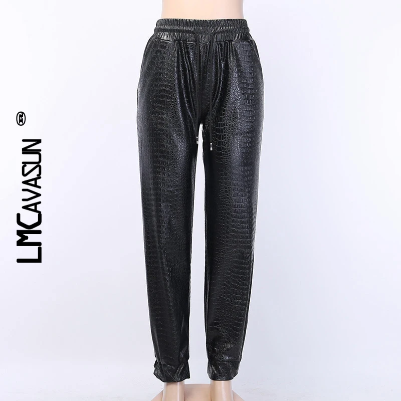 LMCAVASUN шаровары брюки для женщин искусственная кожа свободные Jogger Mujer черный высокая уличная эластичная талия повседневные армейские уличная одежда