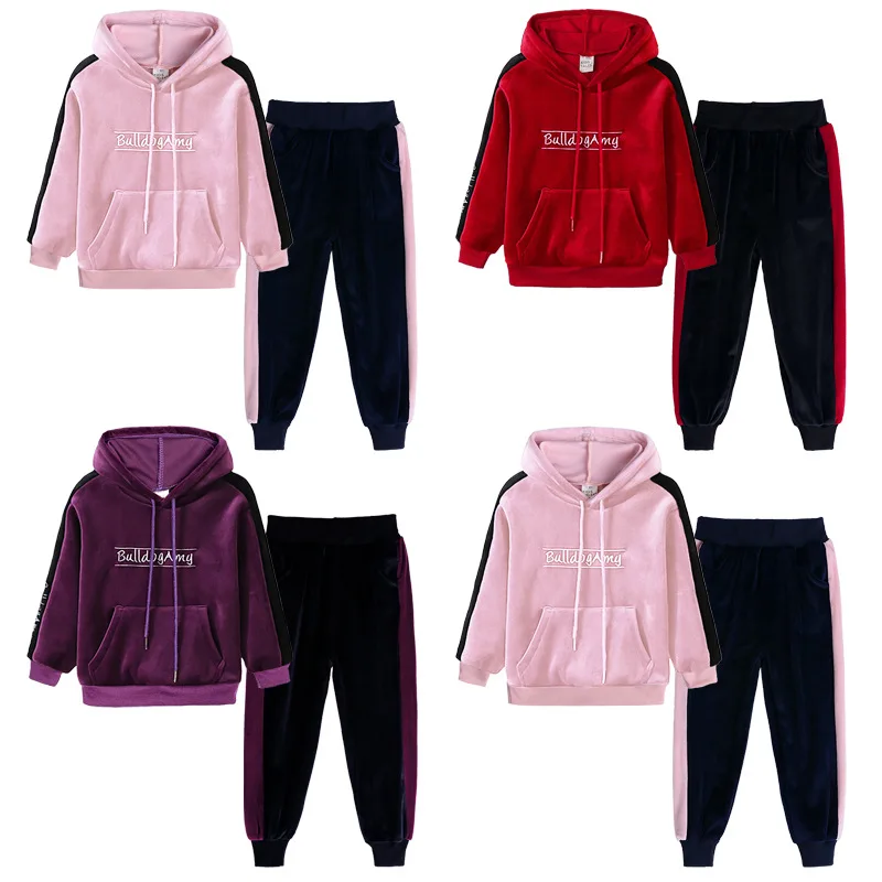 

Golden Velvet Spring Autumn Girls Boy's Sports Set Kids Teenagers Suit School Two Piece Coat Pants Jackets Clothing Sets High Qu